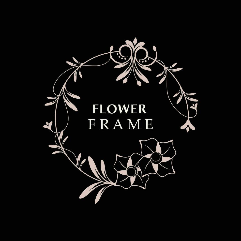 Floral frame flower round shape emblem logotype isolated on white background, leaves luxury linear logo circle style boutique vector