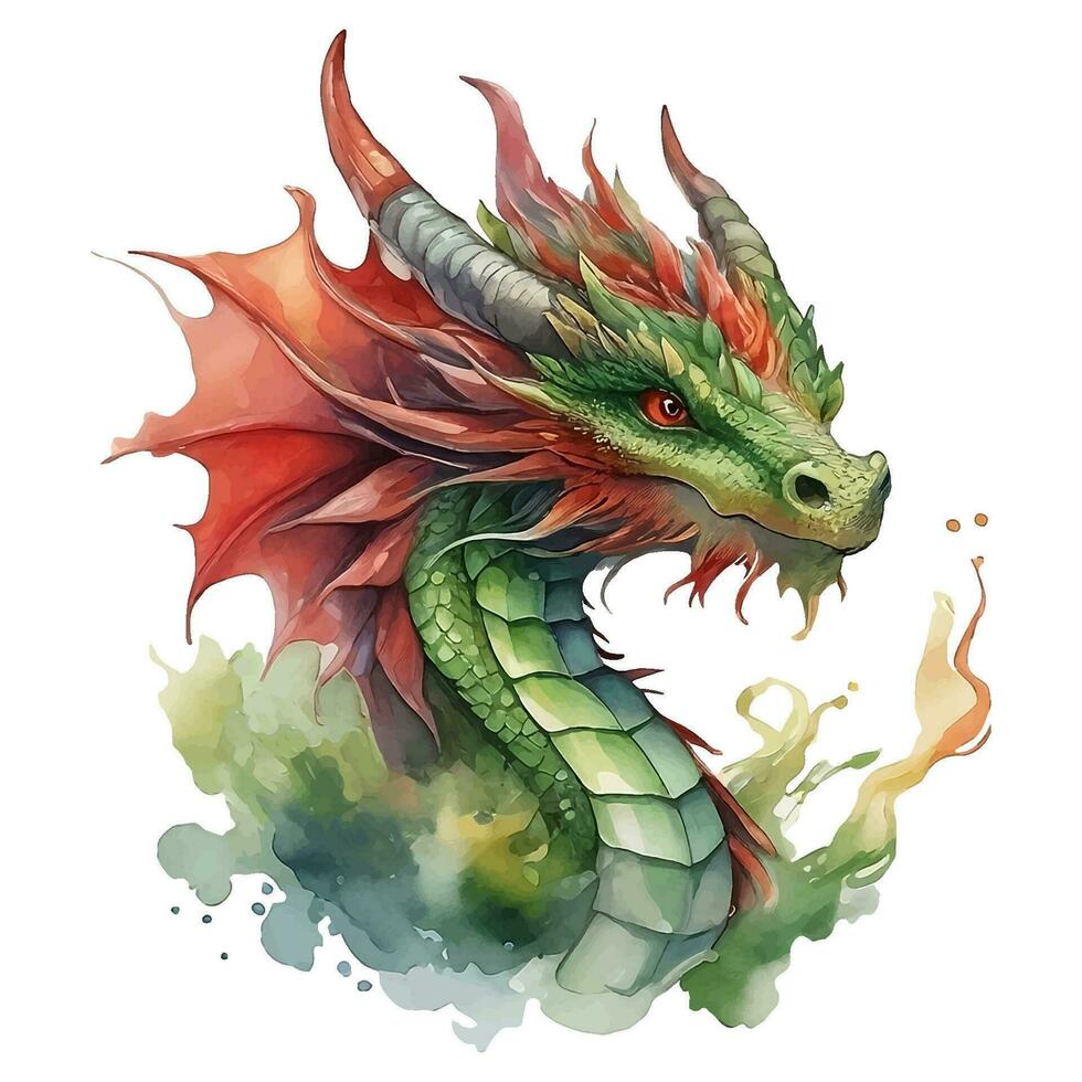 Head of an ancient green-red dragon. Mythological creature. Chinese ethnic beast, zodiac symbol of 2024 New Year. Dragon for seasonal holiday decoration Isolated illustration.AI Generated vector