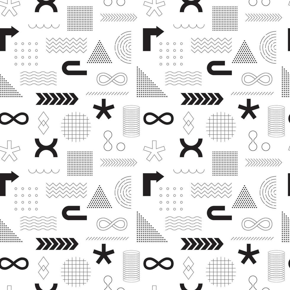 Black and white seamless pattern with abstract geometric, bold, linear, outline shapes. Brutalism, retro futurism style. inspired. For web design, covers, textile. Monochrome vector background