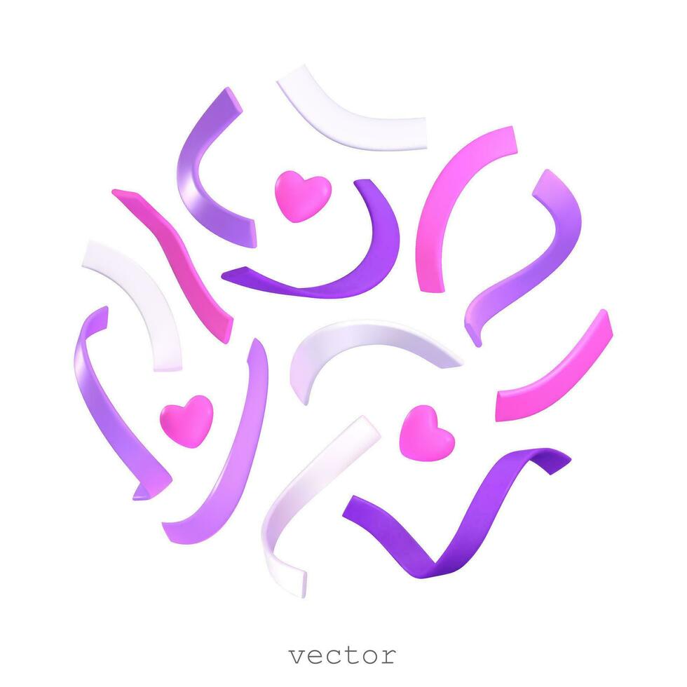 Set of vector 3D Serpentine, Hearts. Colorful Pink, Purple Firecracker Elements in Various Shapes. Party, Holyday, Surprise or Birthday Events. Cartoon Style. Vector Illustration Isolated on White.