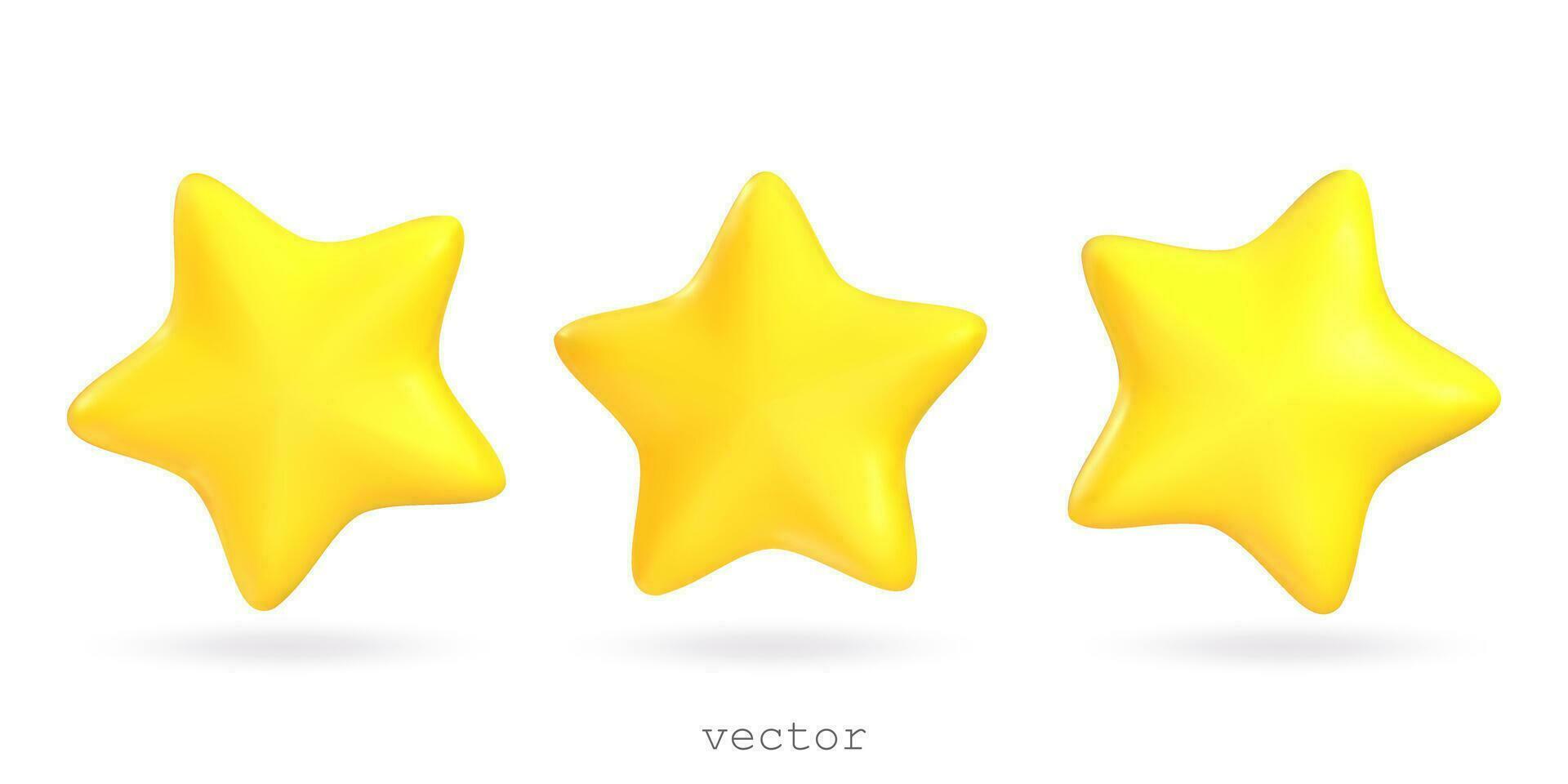 Set of vector 3d star shapes. Plasticine stars, decorative elements for festive, holiday design. Realistic 3d design cartoon style. Vector 3d illustration isolated on a white background