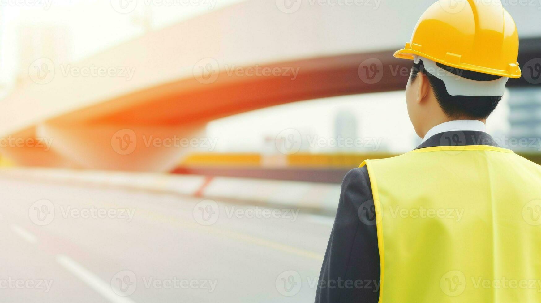 An Asian engineer man doing a project review in construction. Generative AI photo