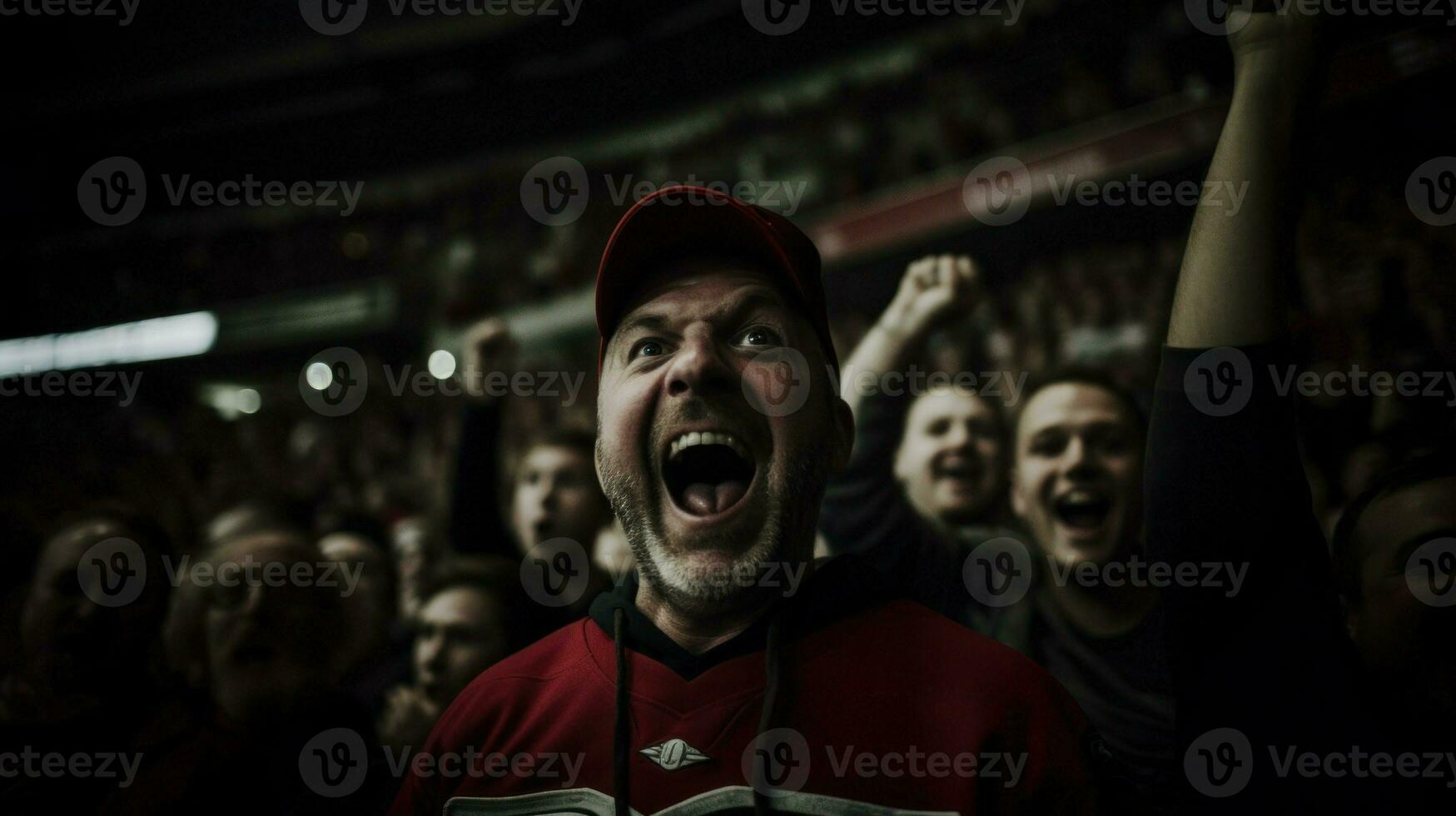 A group of fans at the stadium celebrate the win. Generative AI photo