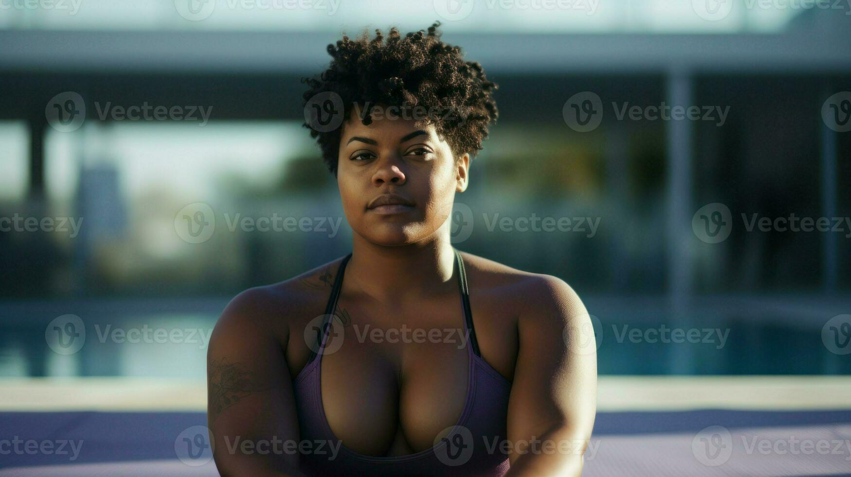 Overweight African woman in a purple sportswear by the pool. Generative AI photo