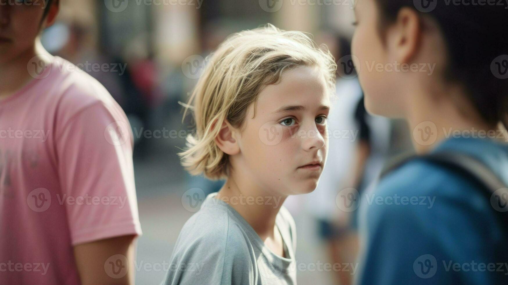 Little blonde boy walking through the crowded city. Generative AI photo