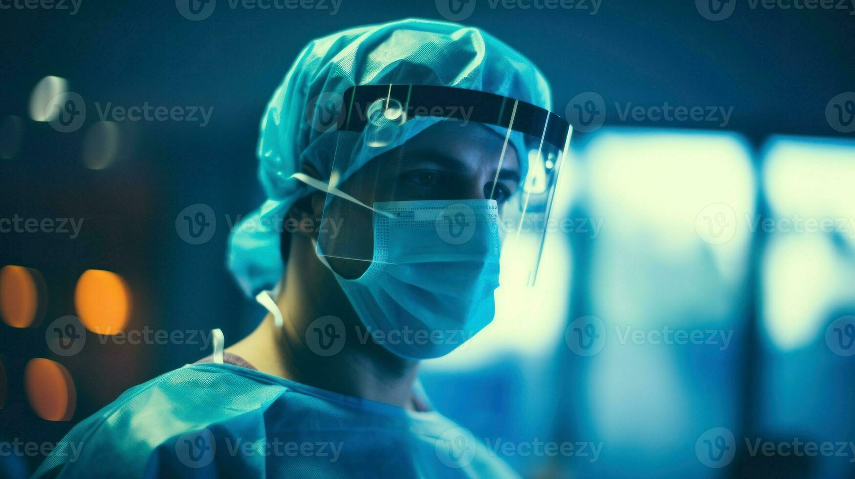 Doctor wearing a protective mask prepares for surgery. Generative AI photo