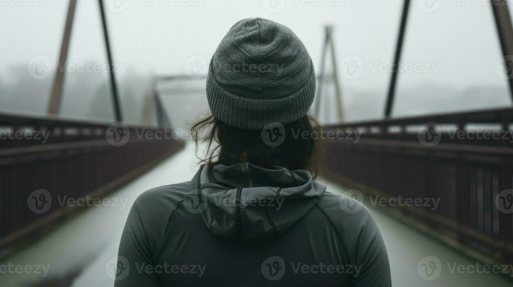 Photo of sporty woman walking towards the bridge. Generative AI