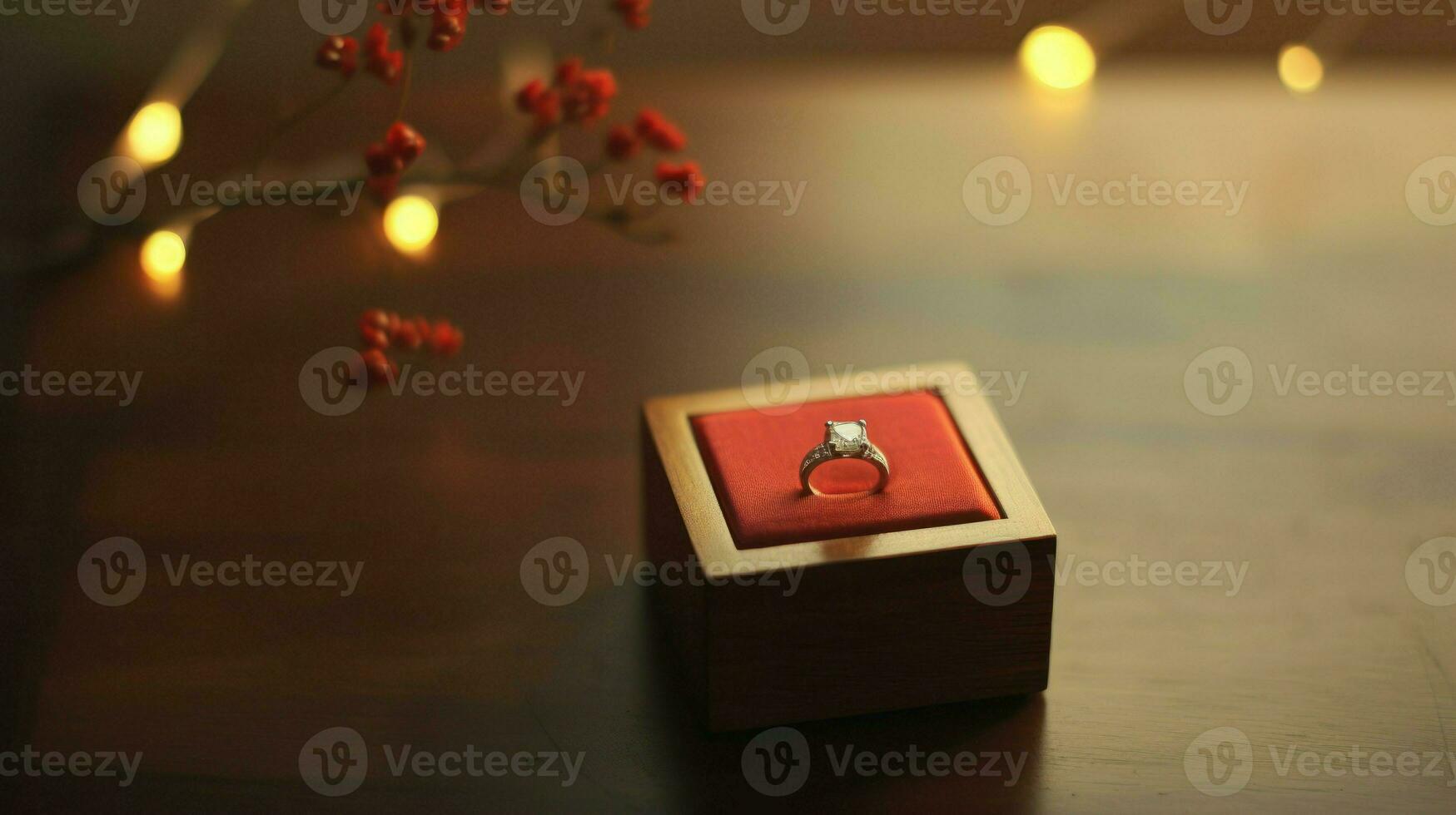 A sparkling diamond ring elegantly placed on a vibrant red box.. Generative AI photo