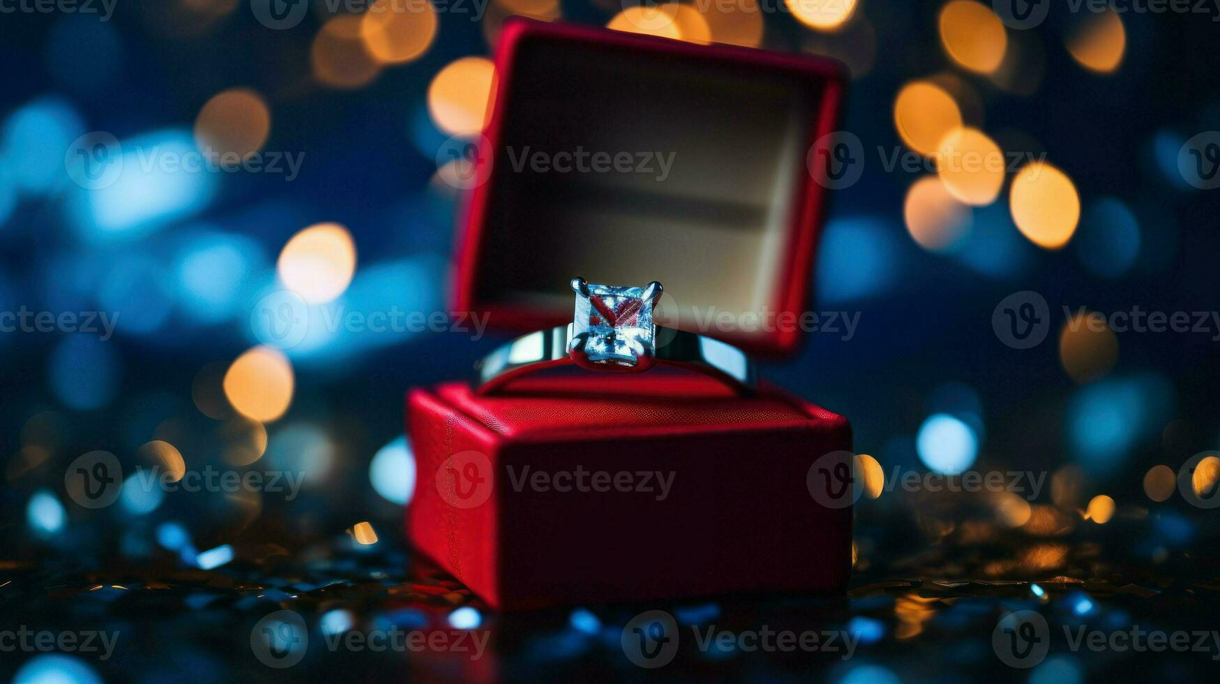 A sparkling diamond ring elegantly placed on a vibrant red box.. Generative AI photo