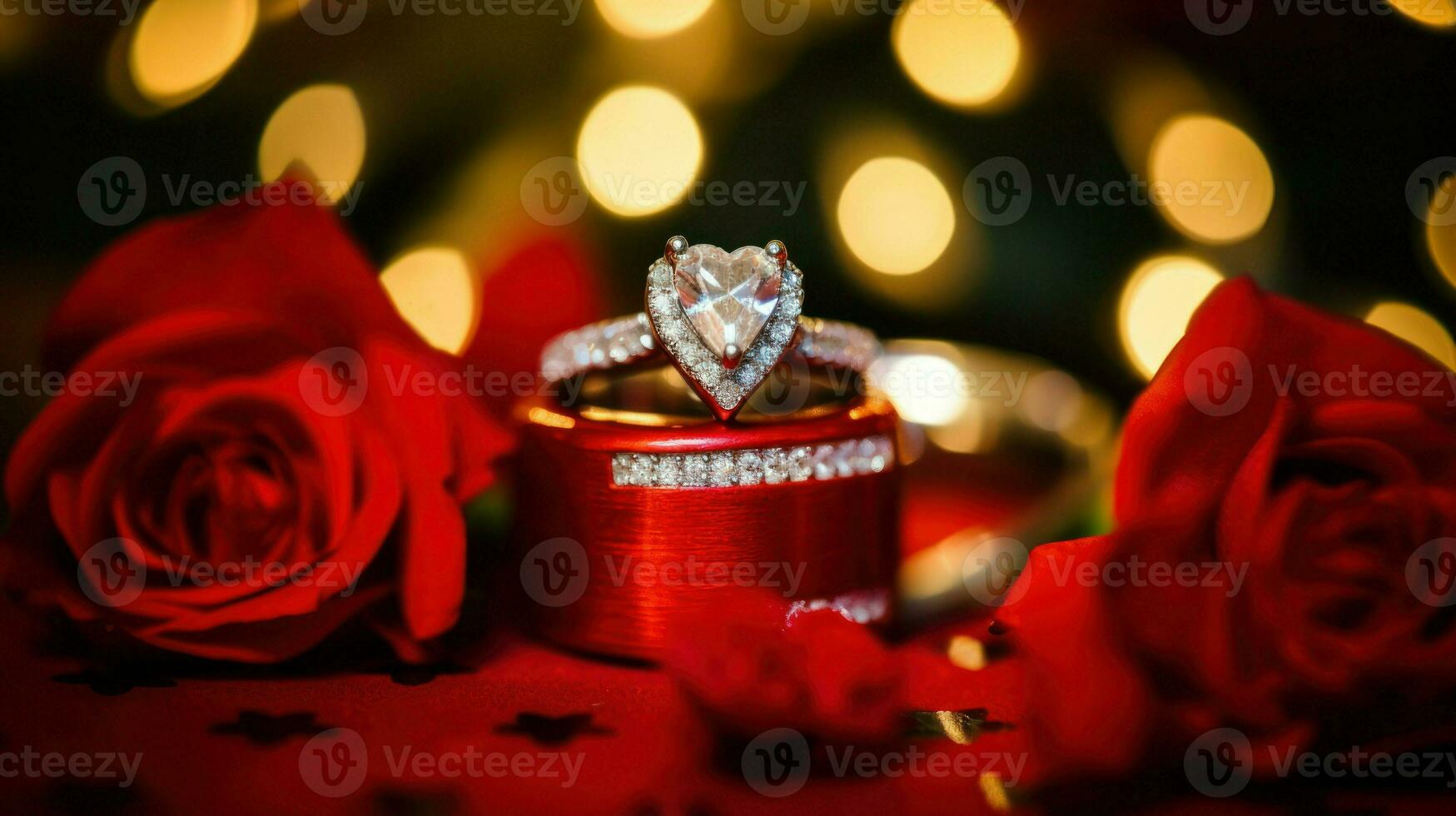 A sparkling diamond ring elegantly placed on a vibrant red box.. Generative AI photo