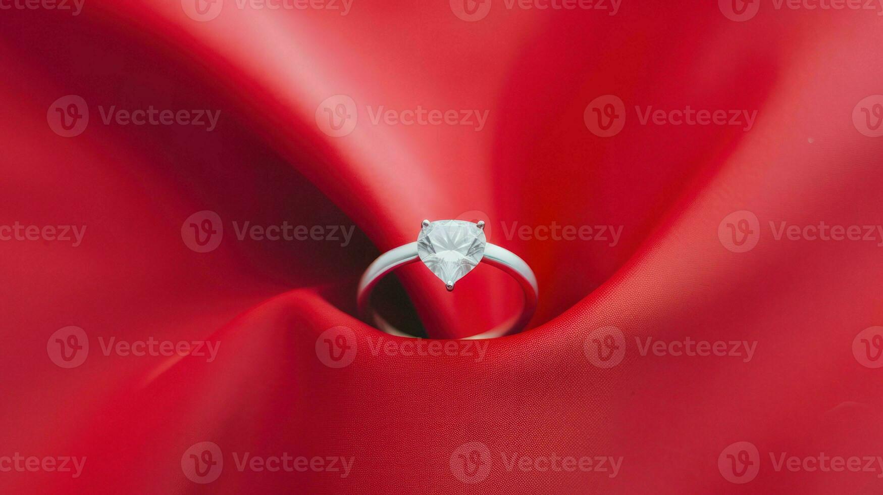 Diamond ring on red background, symbolizing elegance and romance.. Generative AI photo