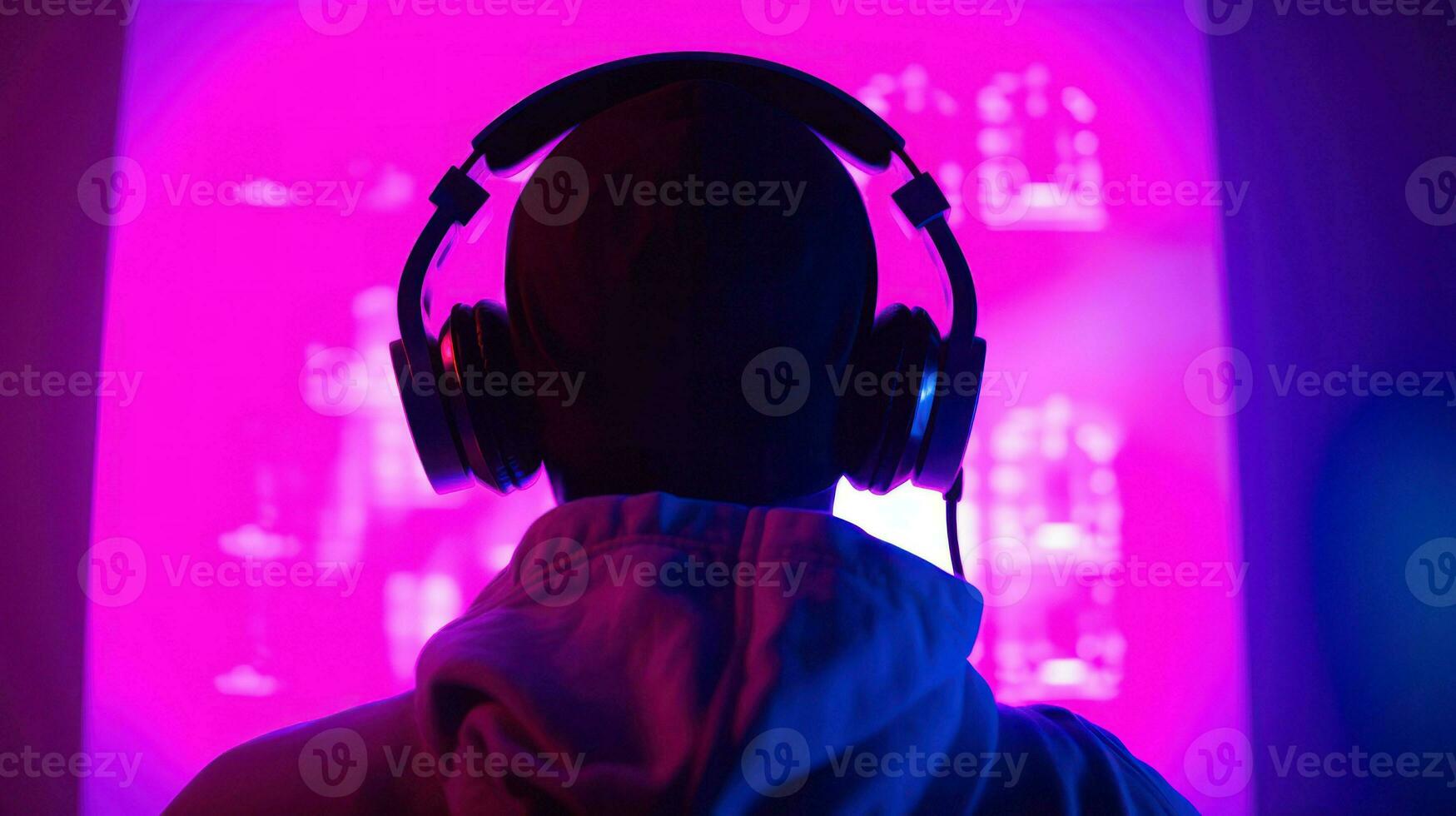 A person wearing headphones in a recording studio, immersed in the world of sound creation.. Generative AI photo