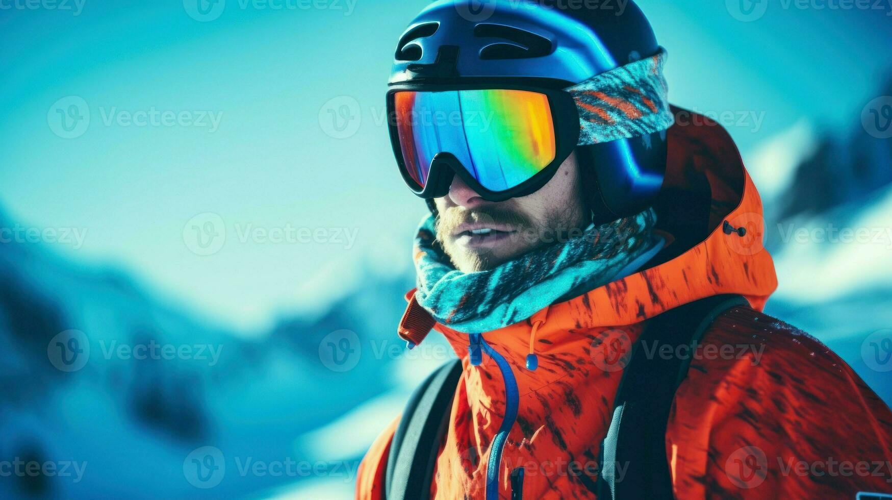 A skier man in the snow at a ski resort. Generative AI photo