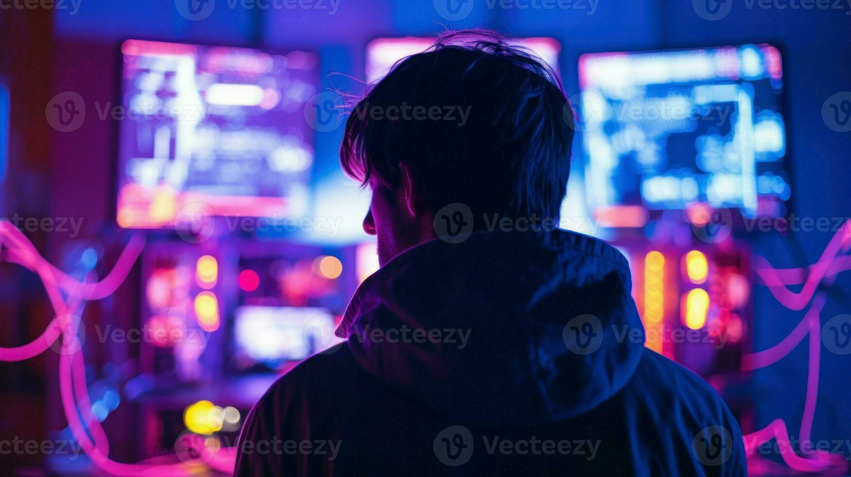 A person wearing headphones in a recording studio, immersed in the world of sound creation.. Generative AI photo