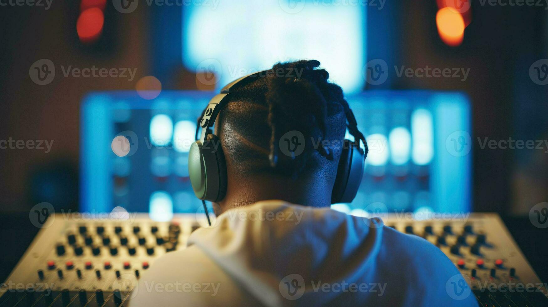 A person wearing headphones in a recording studio, immersed in the world of sound creation.. Generative AI photo