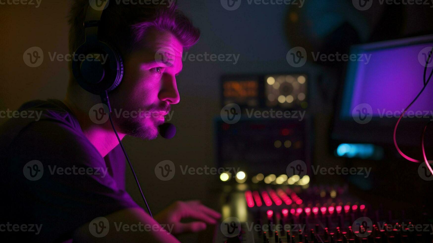 A person wearing headphones in a recording studio, immersed in the world of sound creation.. Generative AI photo