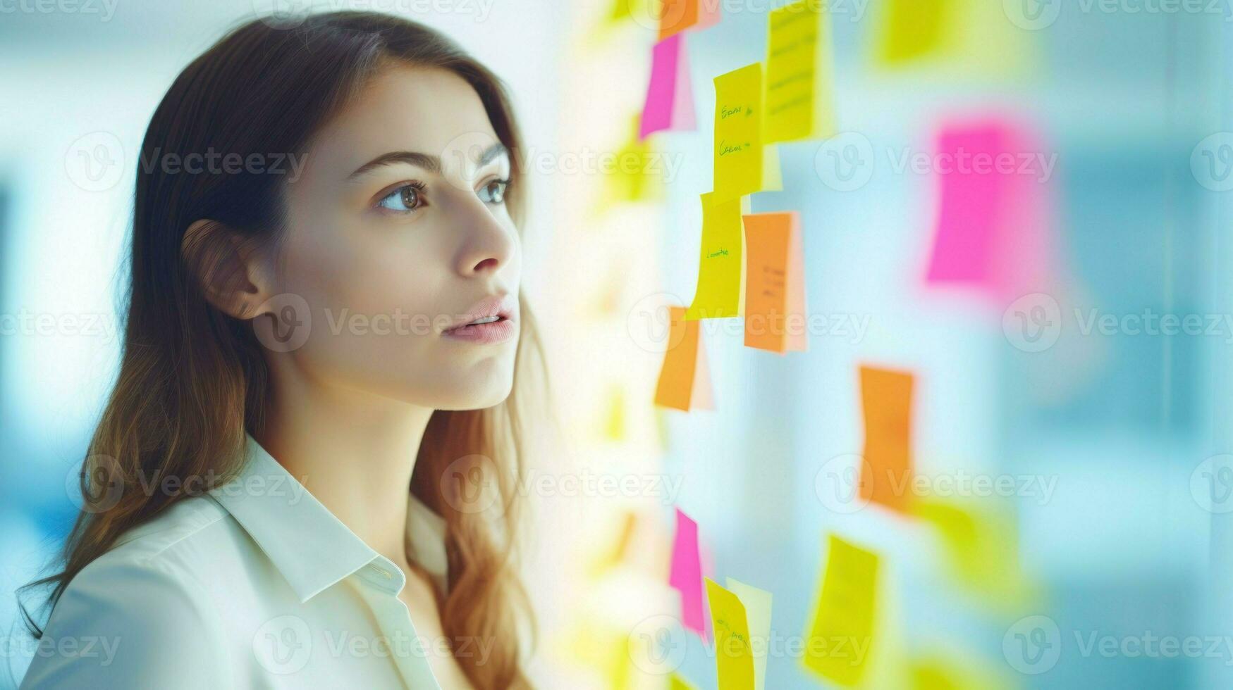 Business people looking at a board with post-its. Generative AI photo