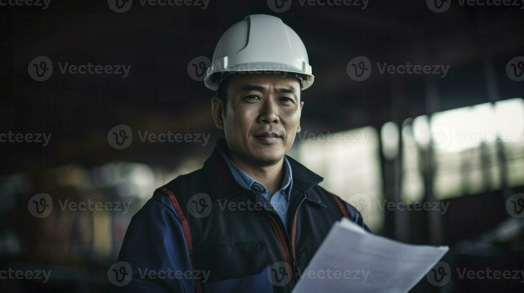 An Asian engineer man doing a project review in construction. Generative AI photo