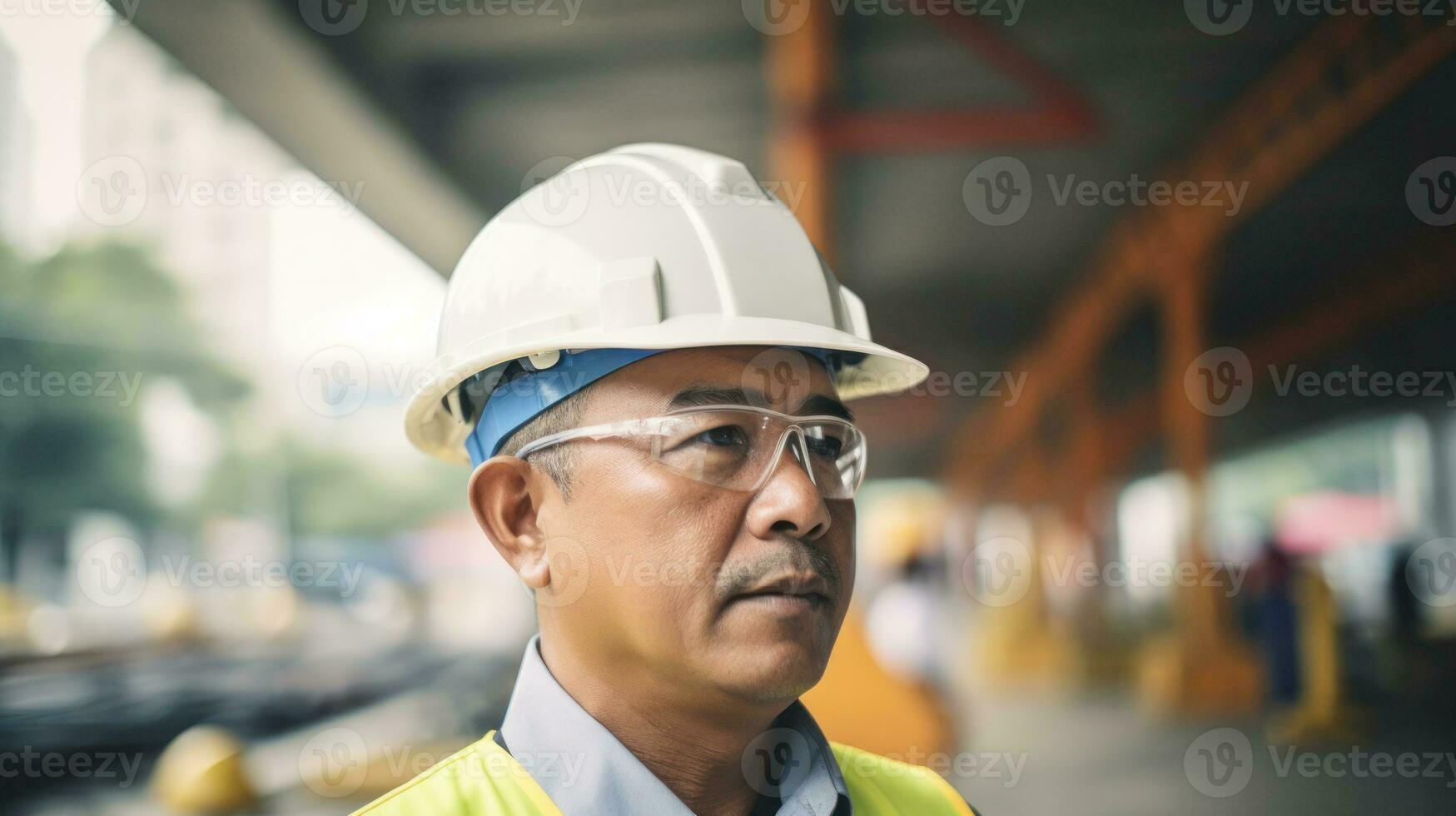 An Asian engineer man doing a project review in construction. Generative AI photo