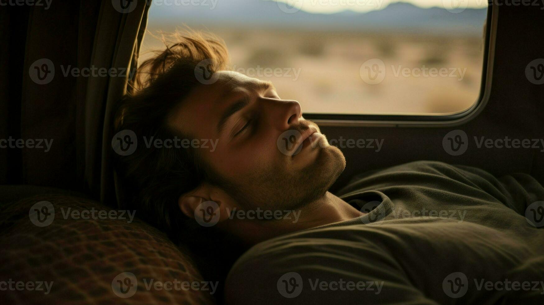 Traveling man lying asleep in his caravan. Generative AI photo