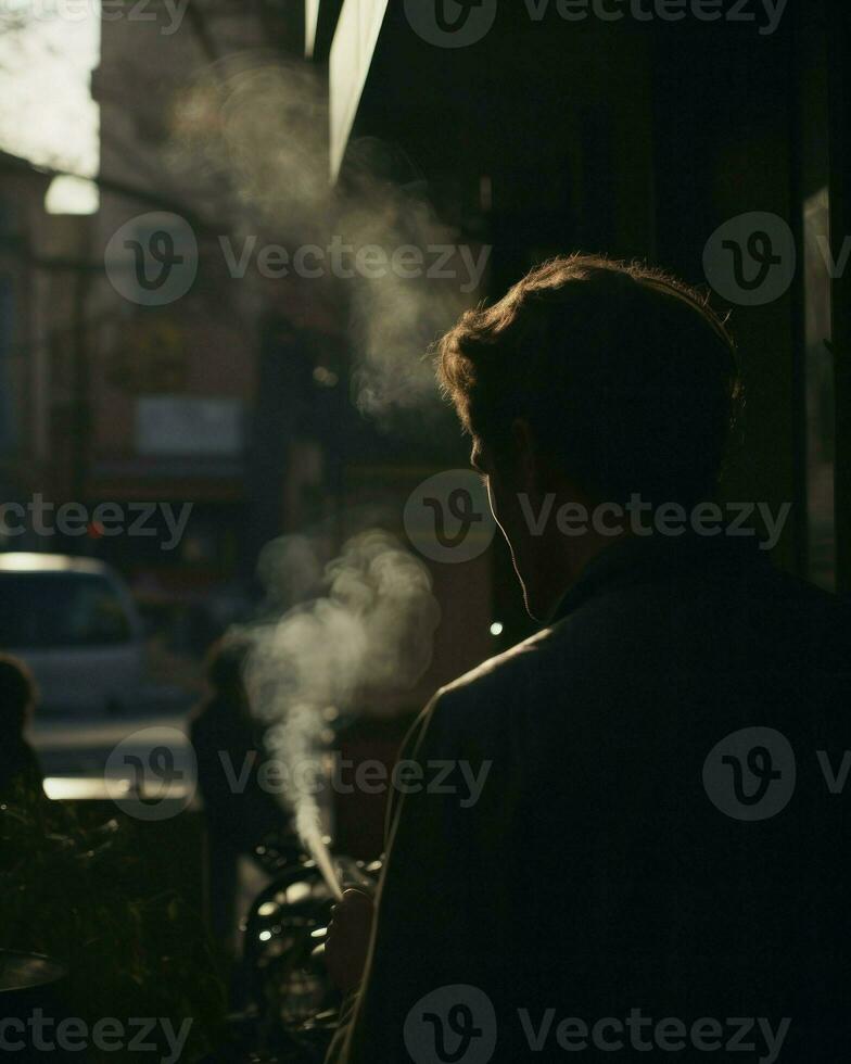 A man smoking a cigarette on a city street.. Generative AI photo