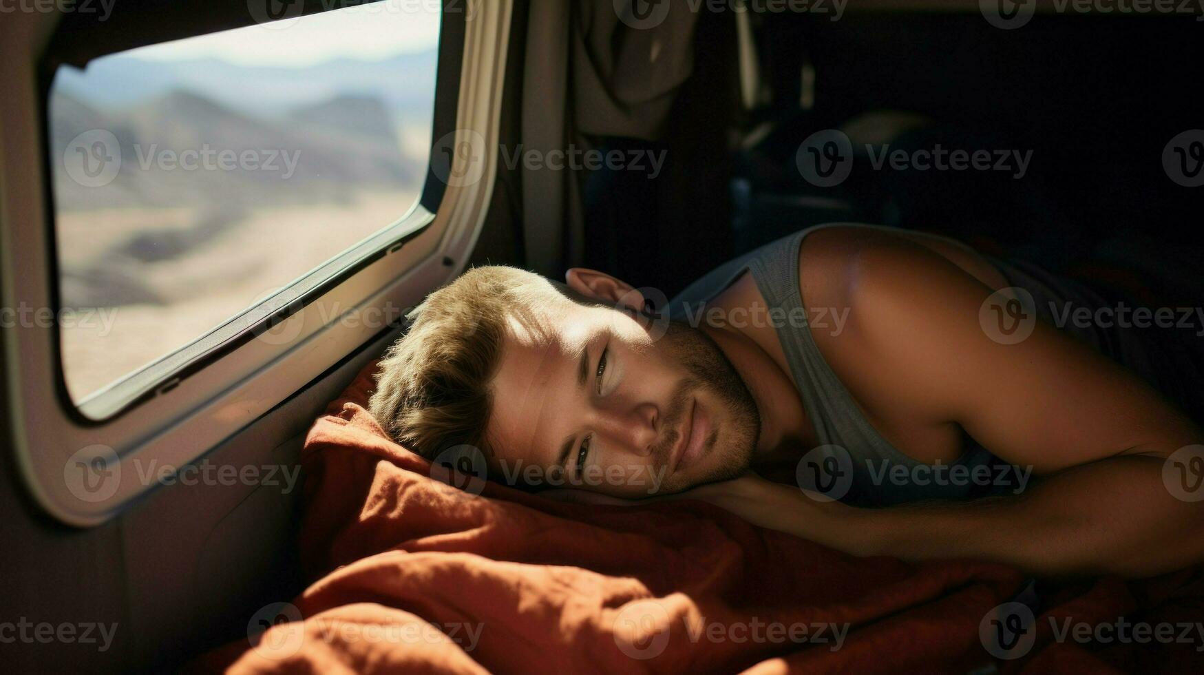 Traveling man lying asleep in his caravan. Generative AI photo