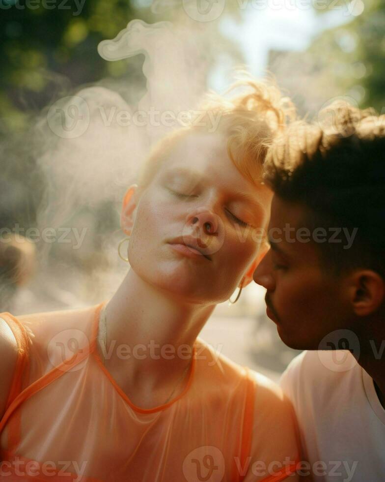 A couple enjoying a smoke together, creating a moment of relaxation and connection.. Generative AI photo