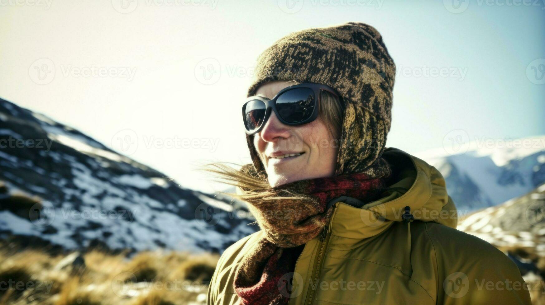 Young traveling woman hiking in the mountains. Generative AI photo
