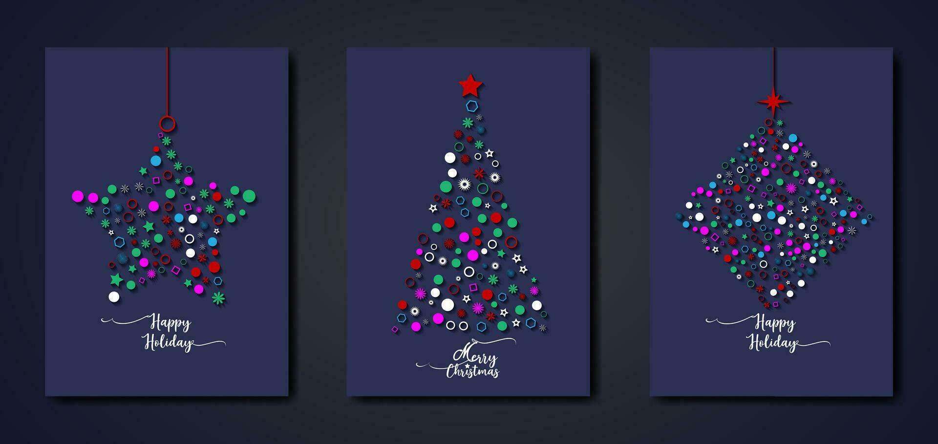 conjunto azul tarjeta de alegre Navidad y contento día festivo, saludo tarjetas, carteles, nuevo año cubre diseño plantillas con tipografía, temporada deseos en vistoso minimalista estilo para web, social medios de comunicación, impresión vector