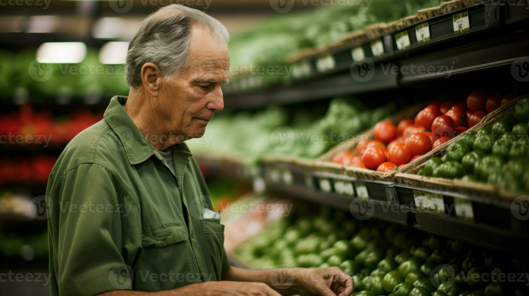 Elderly shop assistant organizing the fruit and vegetable aisle. Generative AI photo