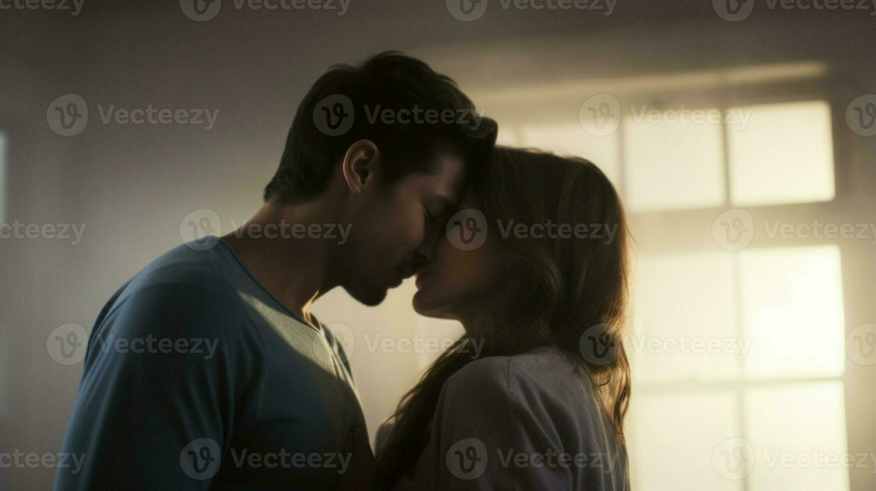 Young couple kissing in the bedroom. Generative AI photo