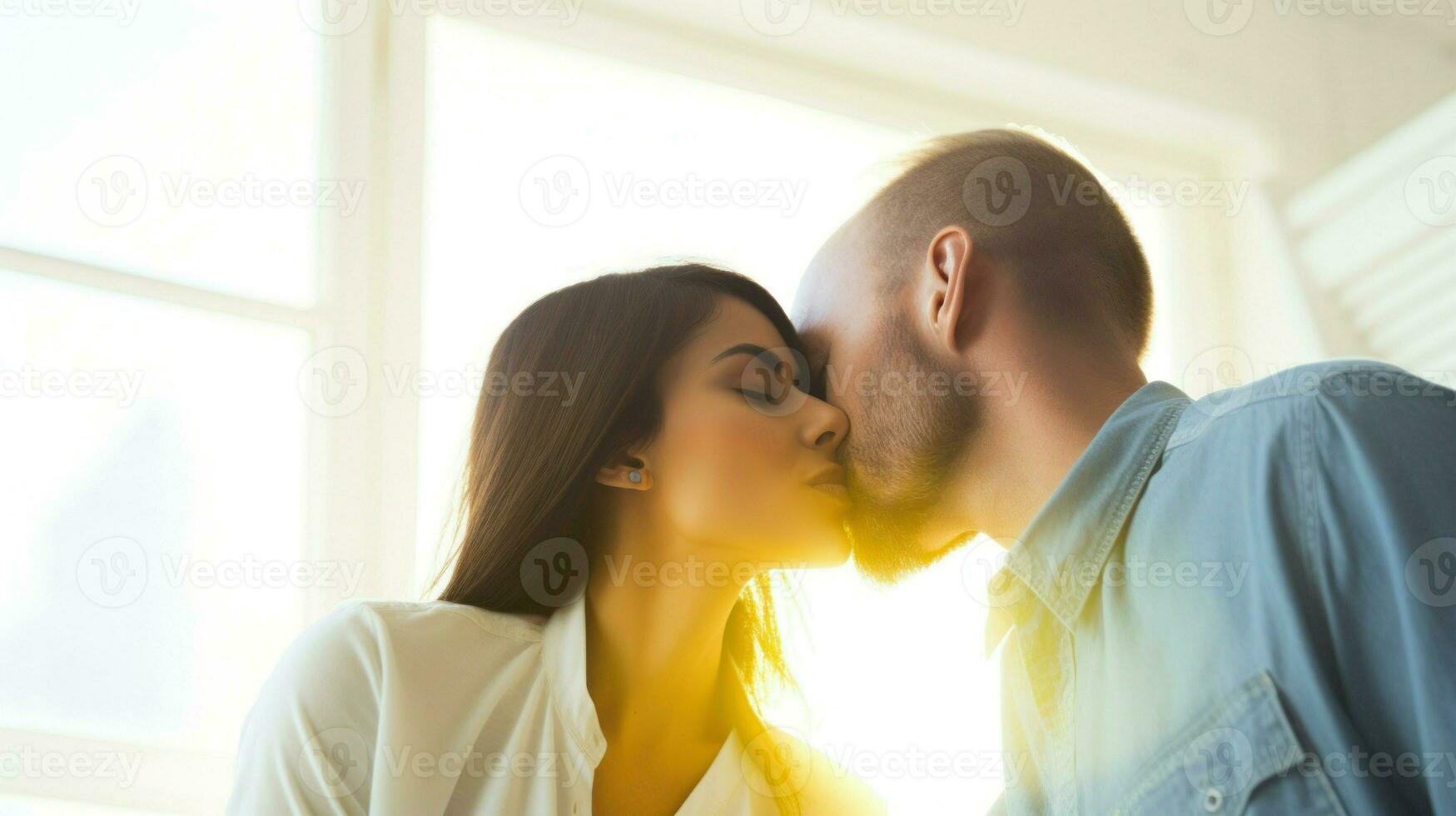 joven Pareja besos en el dormitorio. generativo ai foto