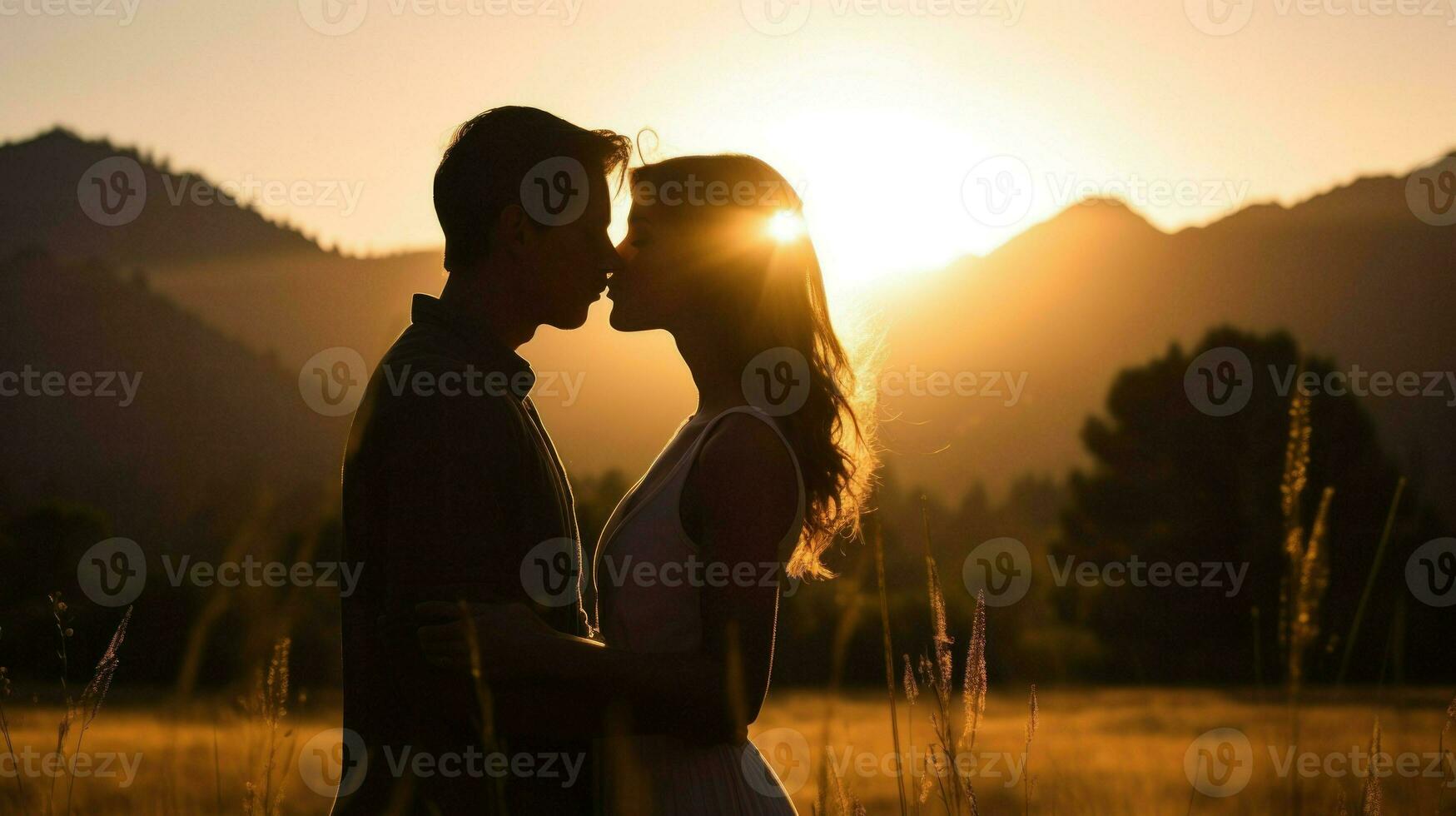 joven Pareja besos en frente de el puesta de sol. generativo ai foto