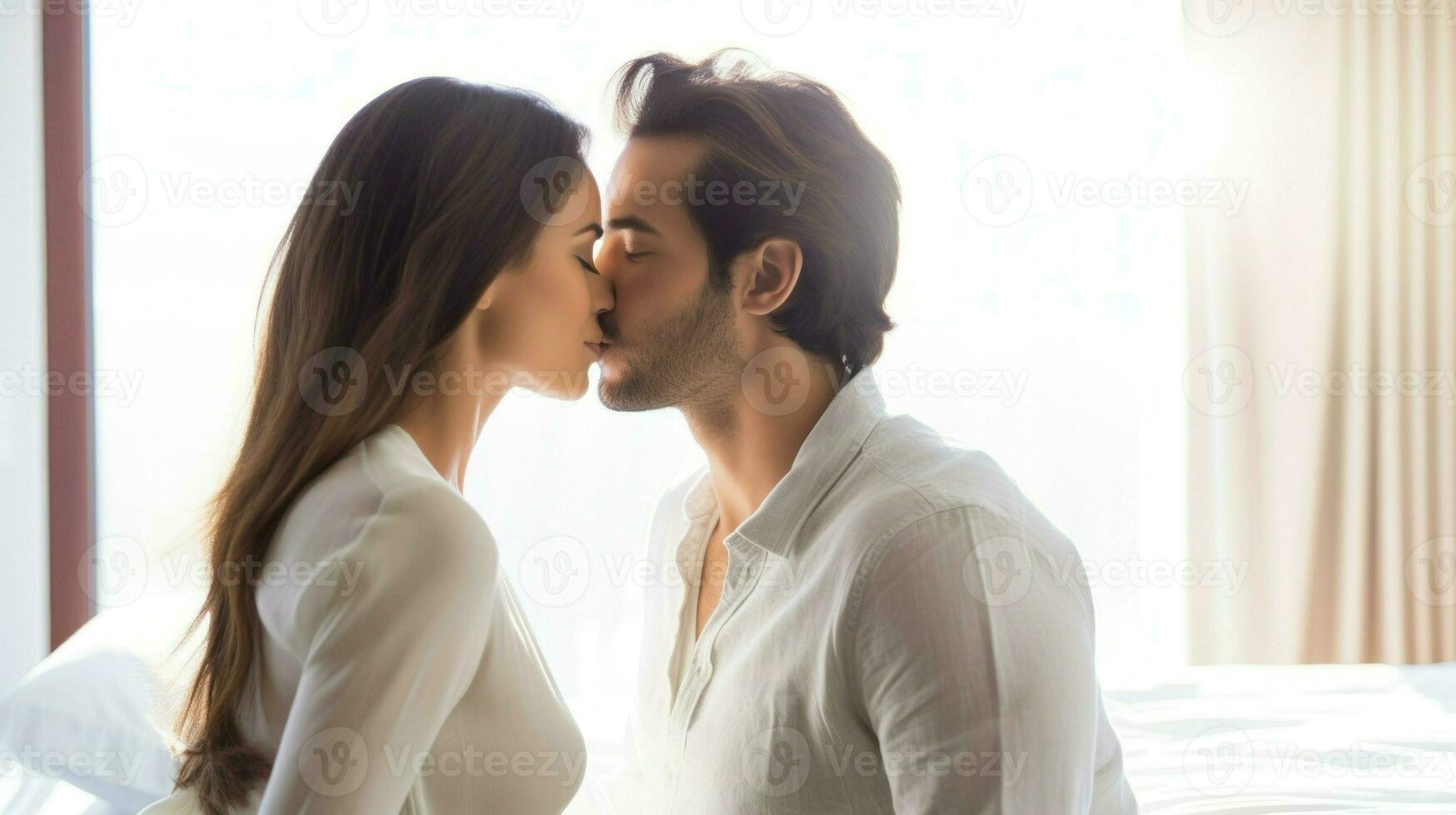 Young couple kissing in the bedroom. Generative AI photo