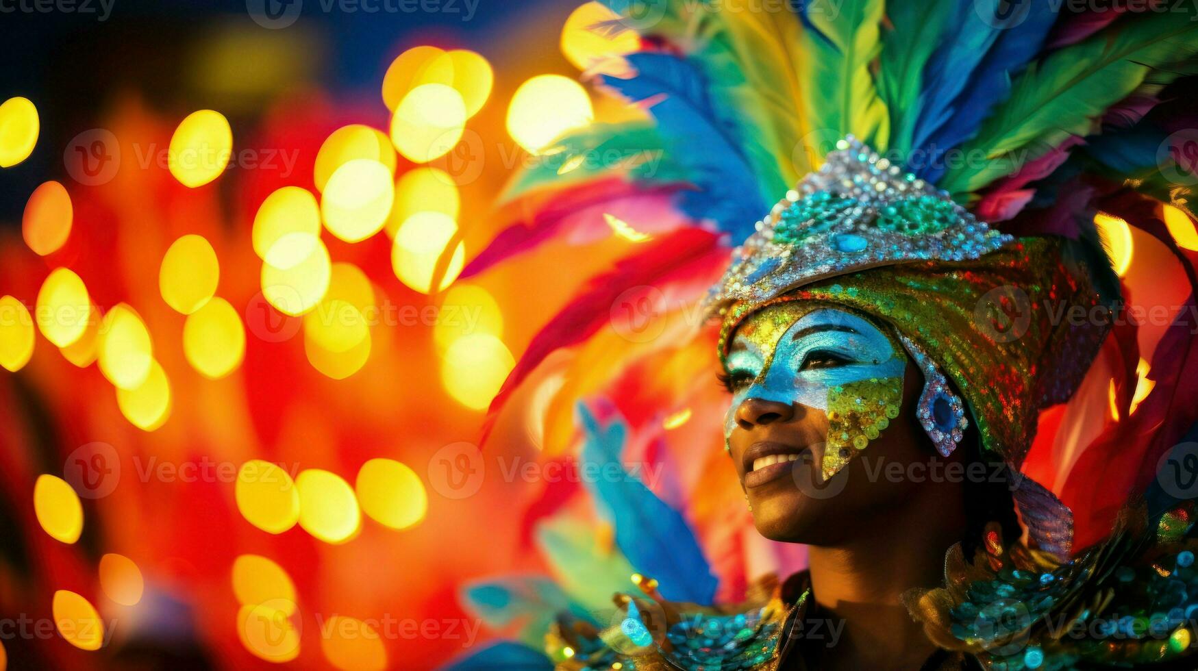 Close-up photo of woman in carnival costume. Generative AI