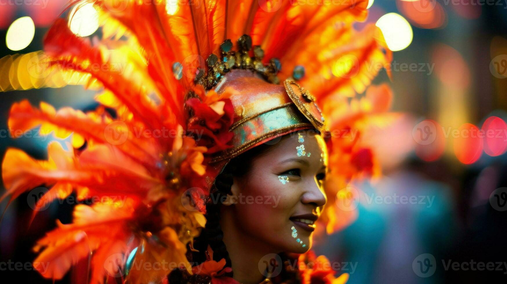 Close-up photo of woman in carnival costume. Generative AI