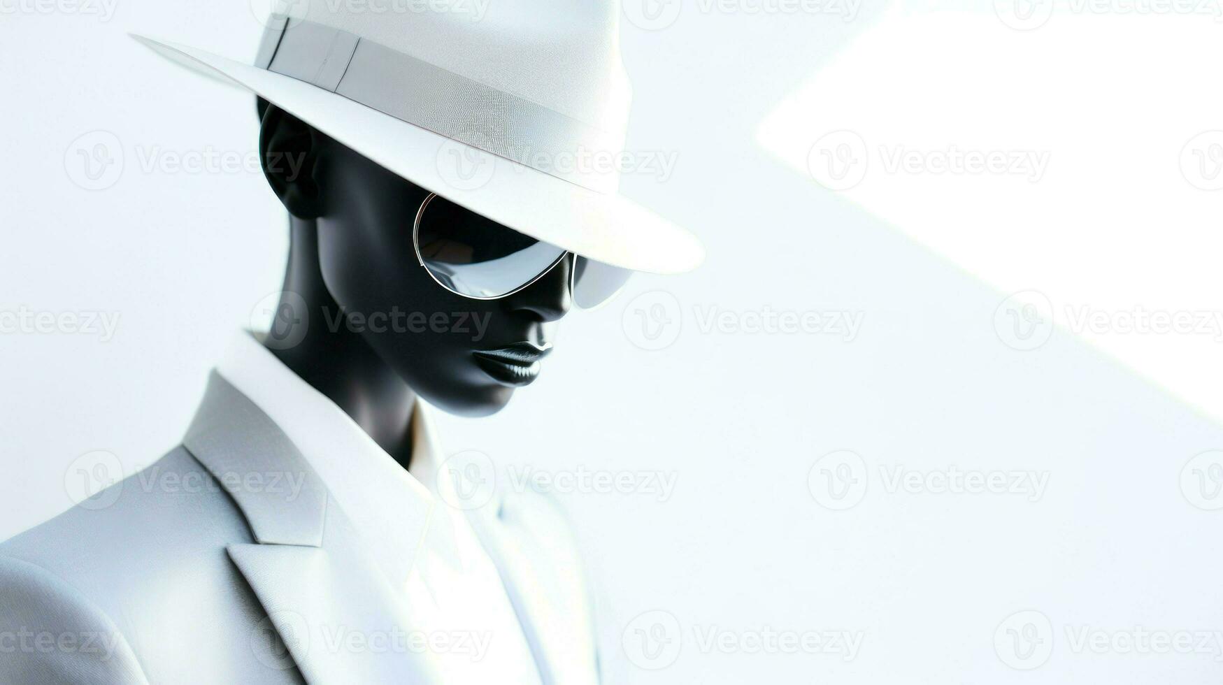 A serious-looking woman in a white suit and hat. Generative AI photo