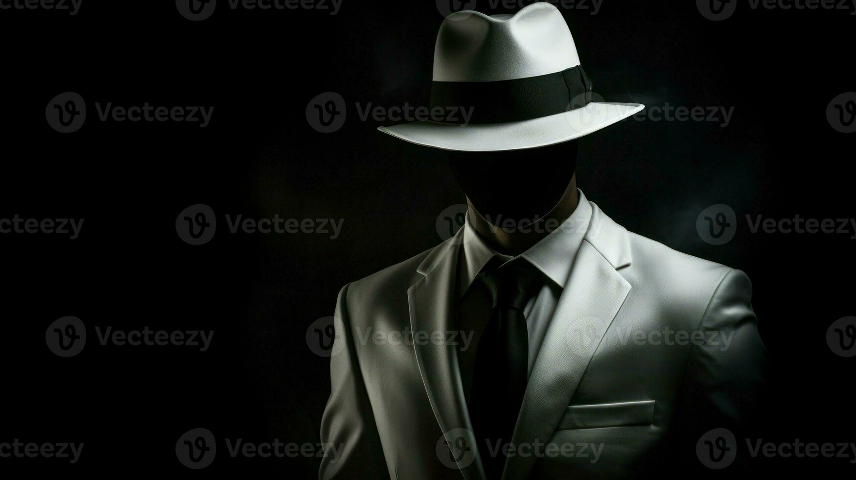 A serious-looking man in a white suit wearing a hat. Generative AI photo