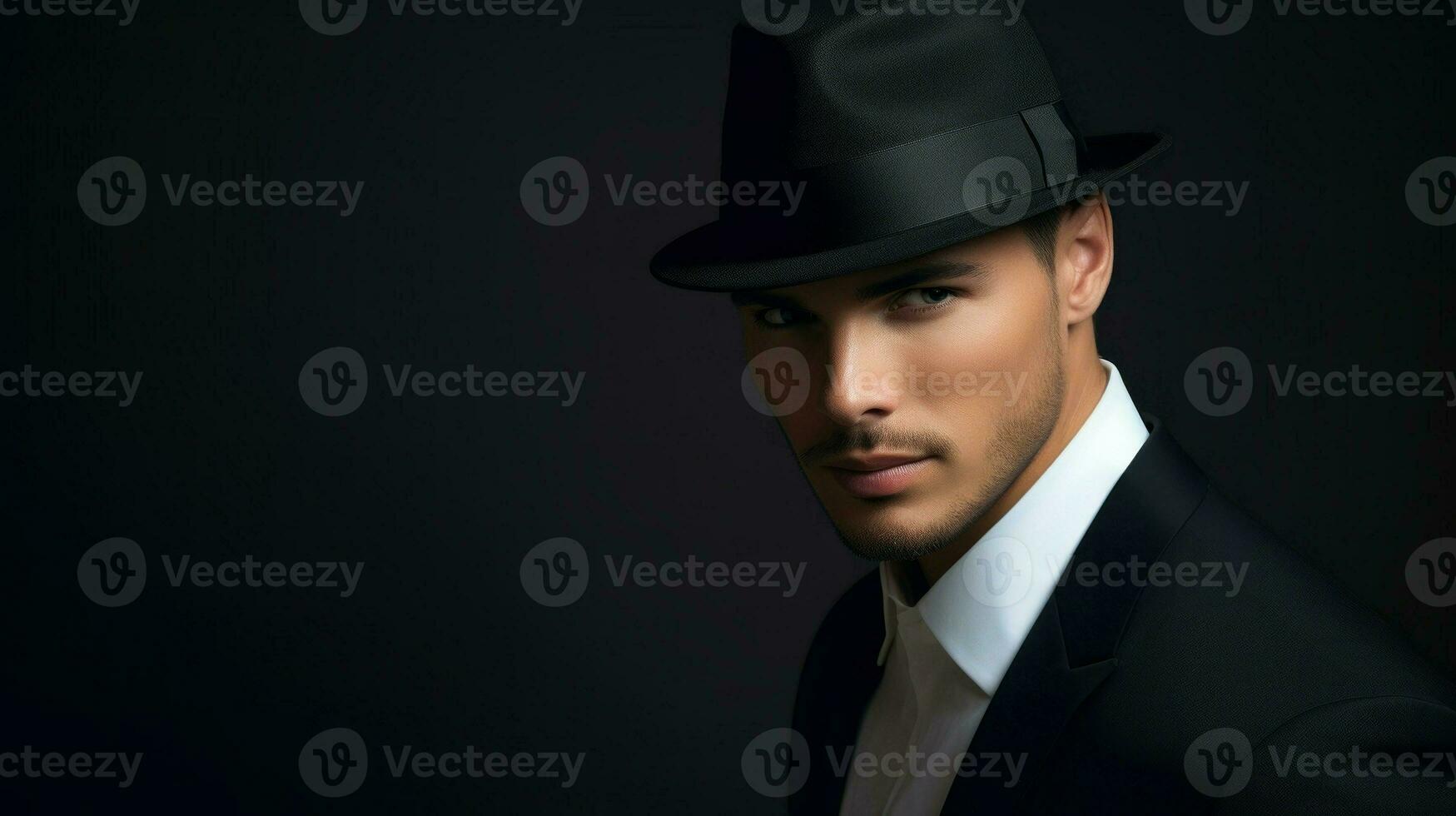 A serious-looking man in a suit wearing a hat. Generative AI photo