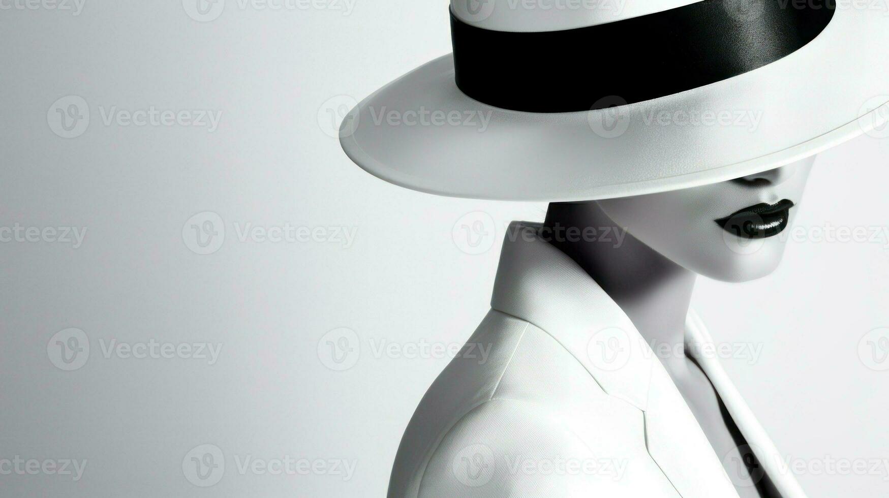 A serious-looking woman in a white suit and hat. Generative AI photo