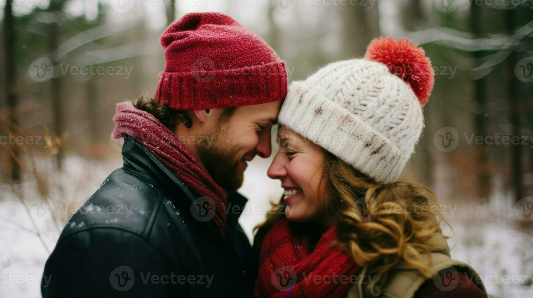 Young couple getting close in the snowy weather. Generative AI photo
