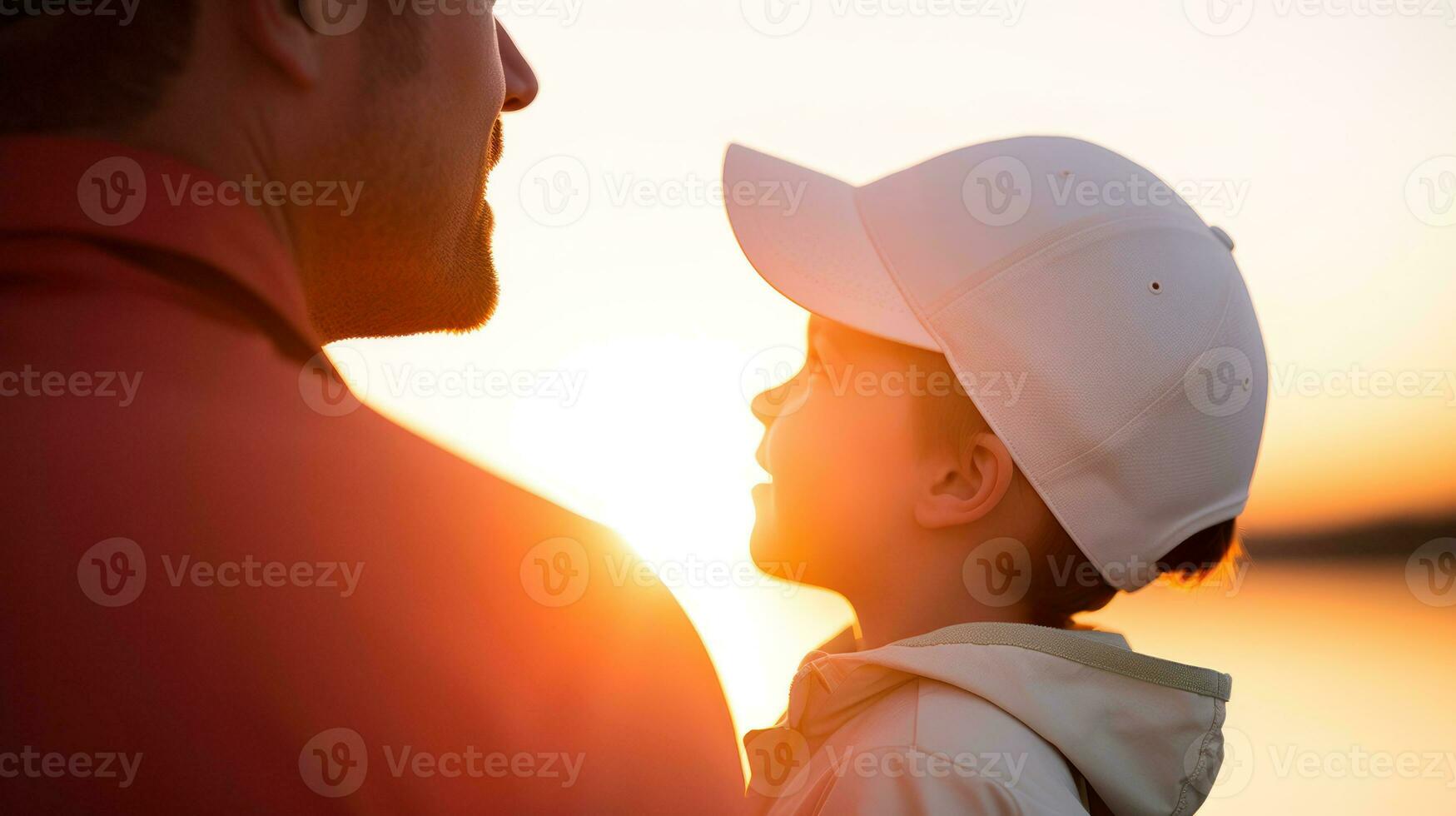 Father and son sitting against the lake view at sunset. Generative AI. photo