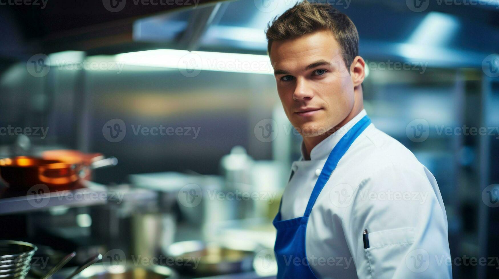 Young chef posing in a professional kitchen. Generative AI. photo