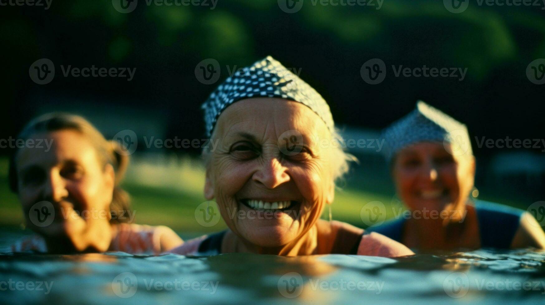 Group of elderly women friends all going into the sea together. Generative AI. photo