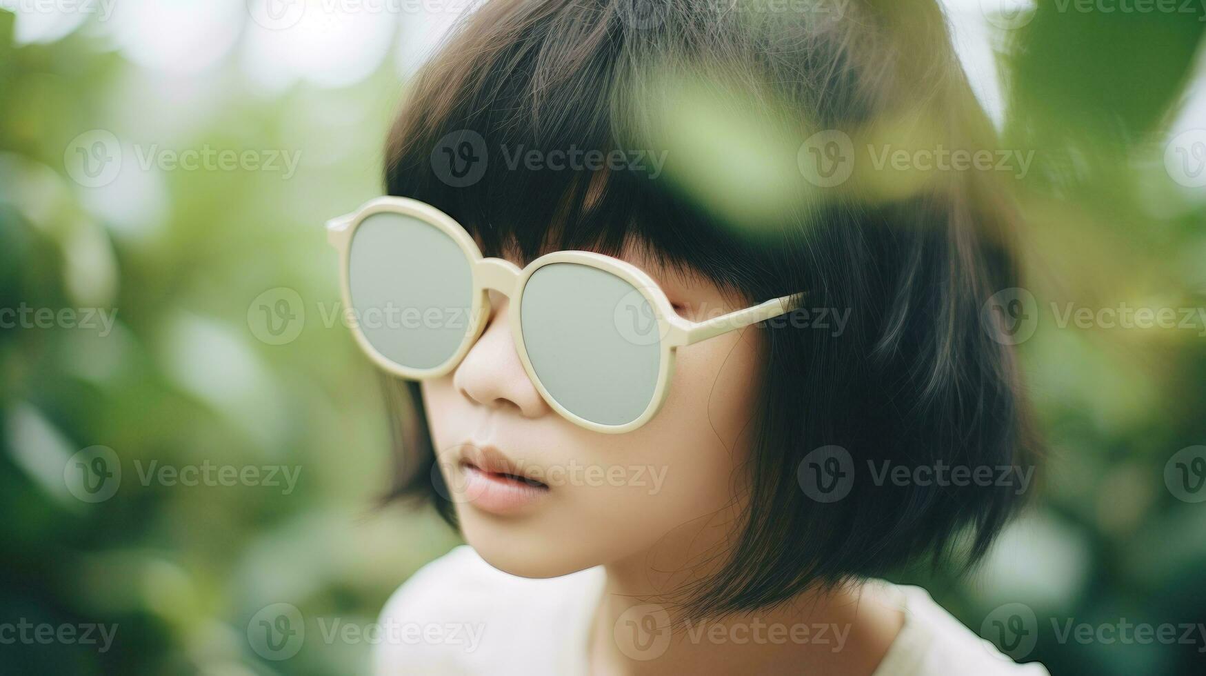 asiático niña con frio grande lentes. generativo ai. foto