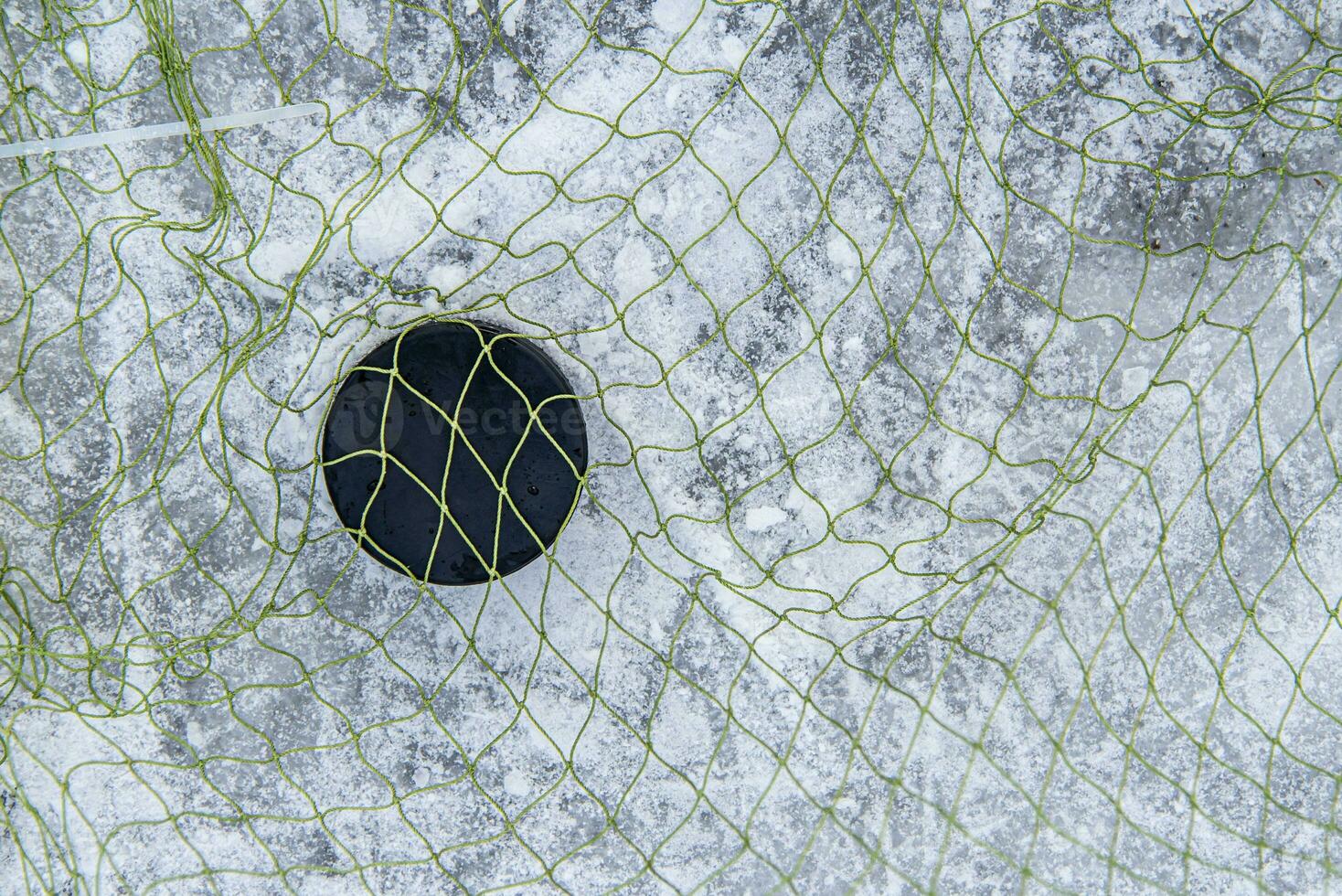 hockey puck in the goal net close-up photo