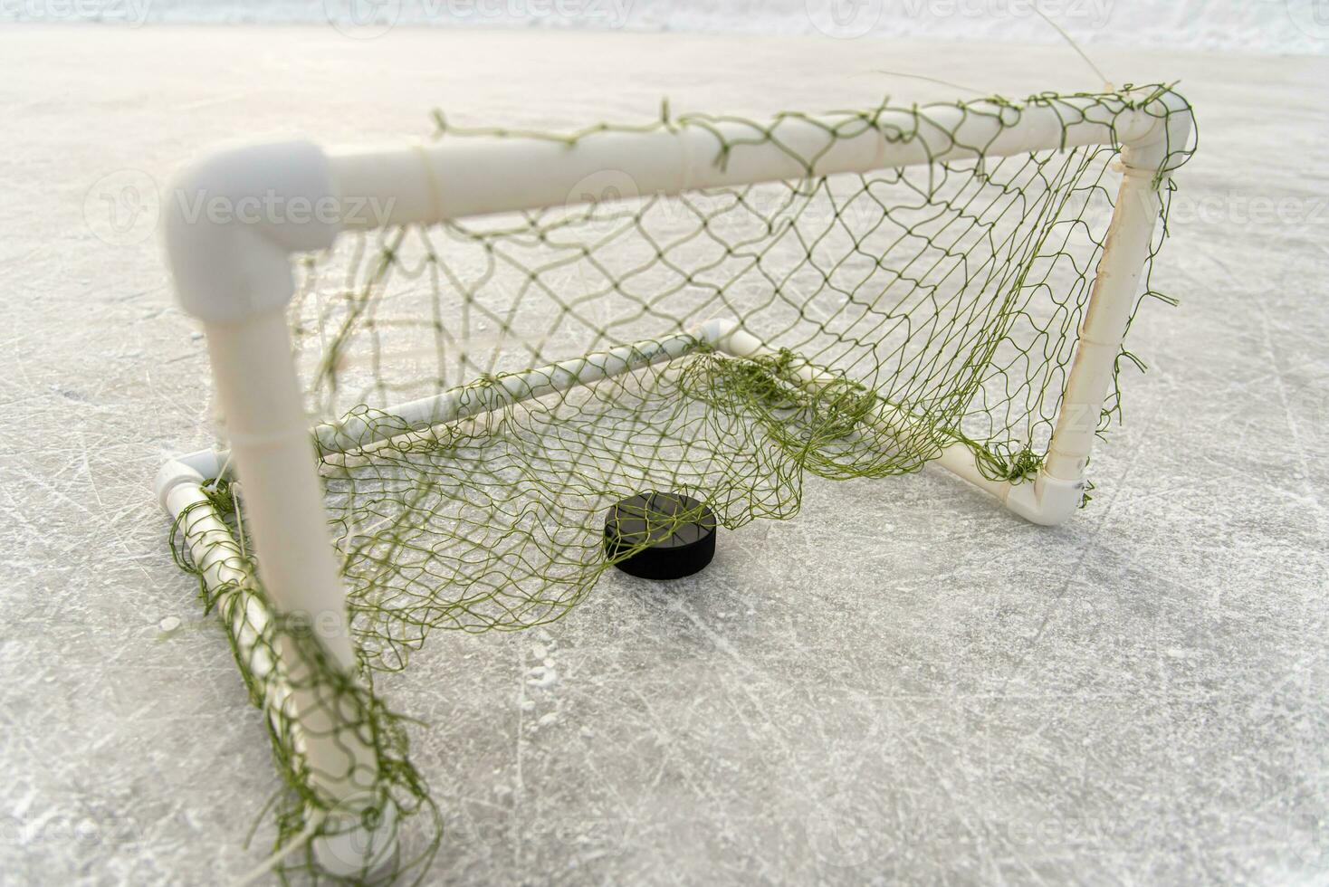 goal scored by a hockey puck in the goal net photo