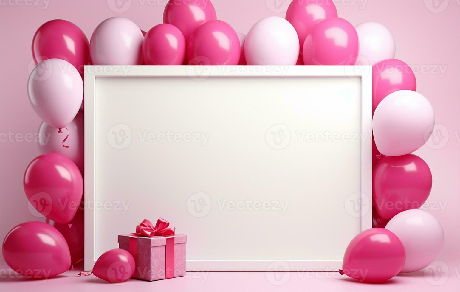 White frame with pink balloons and confetti on pink background. baby shower celebration AI Generated photo