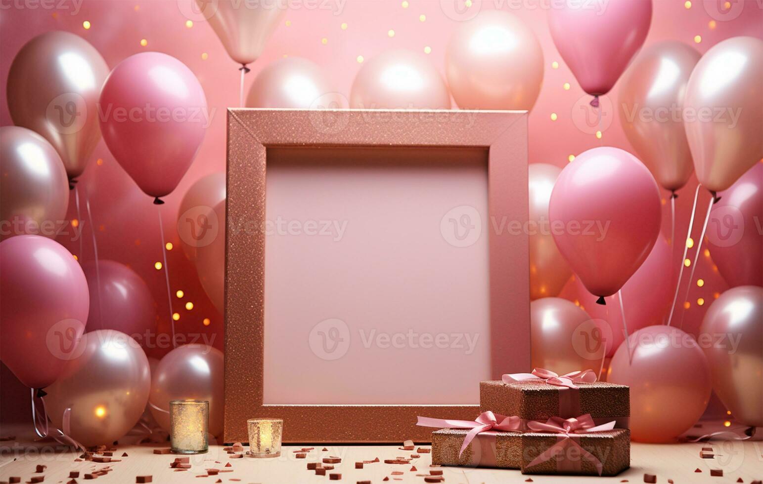 White frame with pink balloons and confetti on pink background. baby shower celebration AI Generated photo