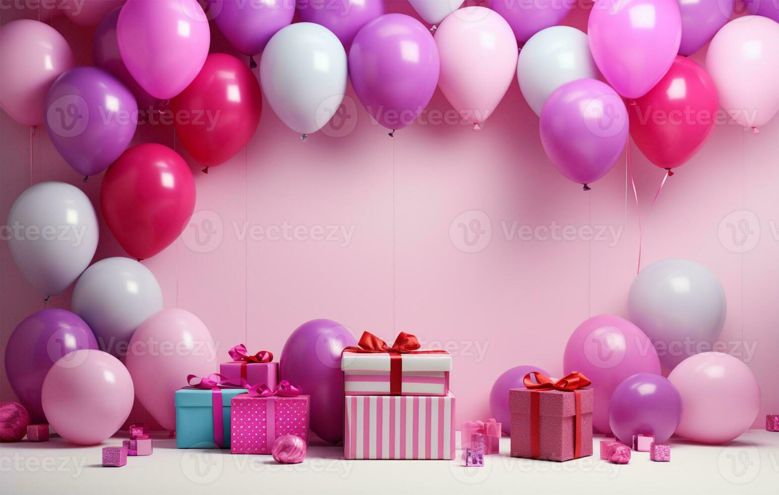White frame with pink balloons and confetti on pink background. baby shower celebration AI Generated photo